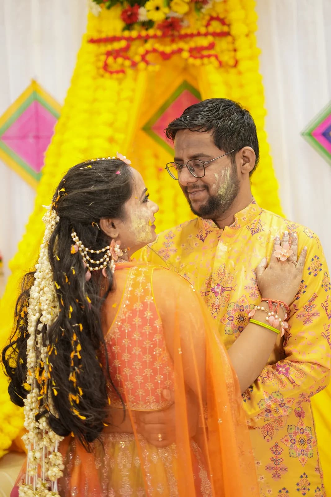 Couple during a haldi ceremony in yellow — Lens9 Studio, New Delhi