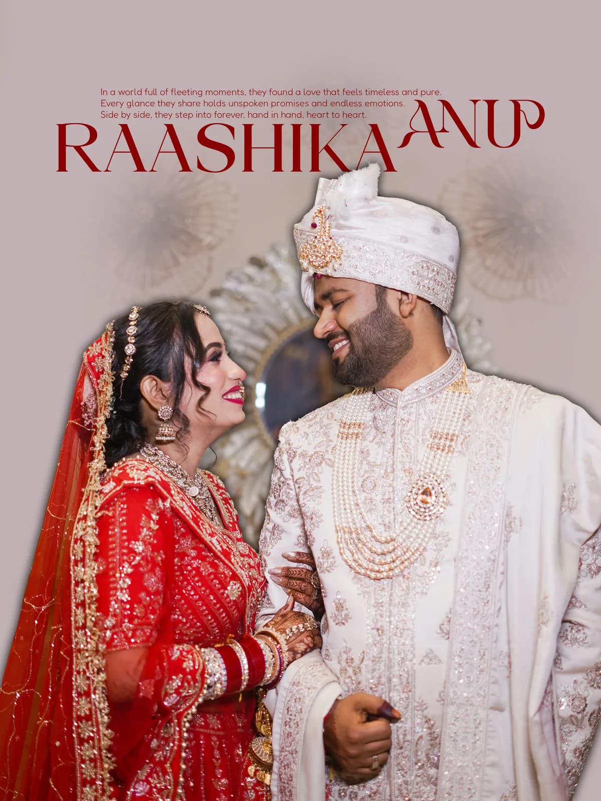 Indian wedding couple posed beautifully framed within mandap flowers and venue decoration