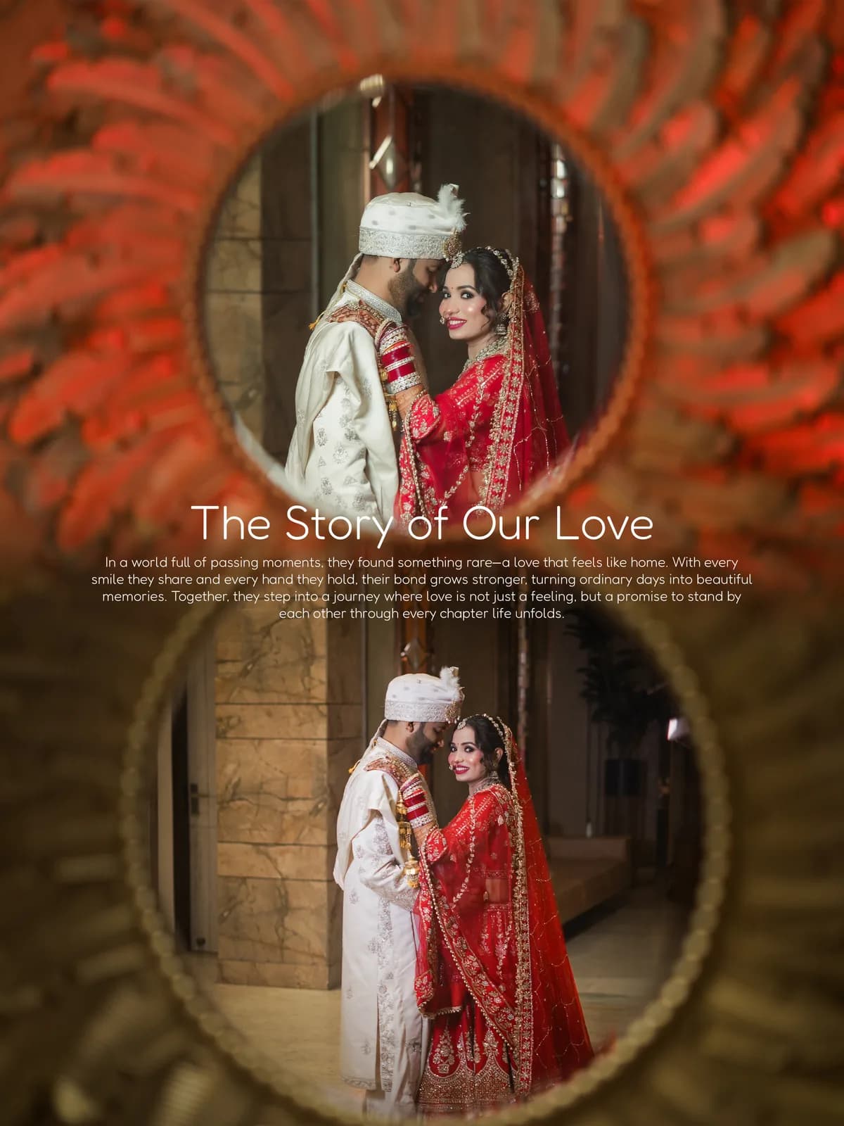 Bride in deep burgundy lehenga with gold embroidery, sunlit outdoor setting
