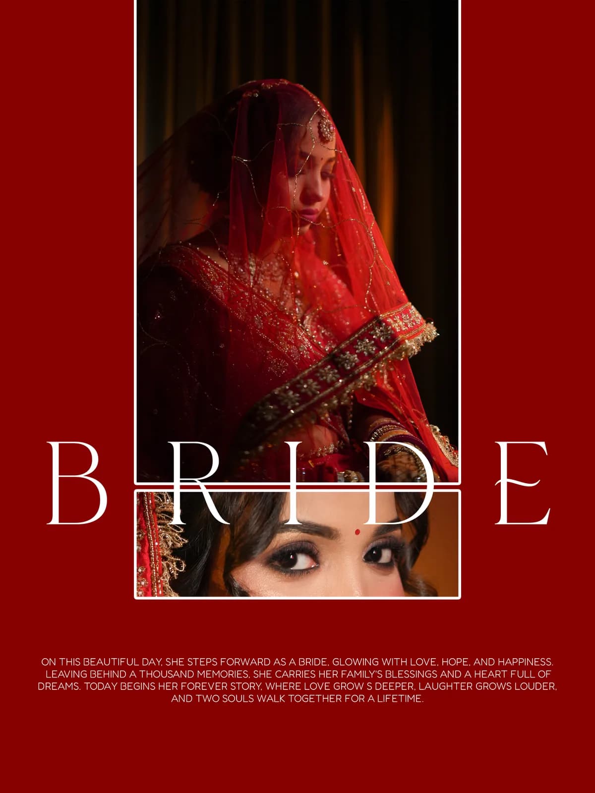 Bride and groom together, complementary but distinct outfits, close embrace